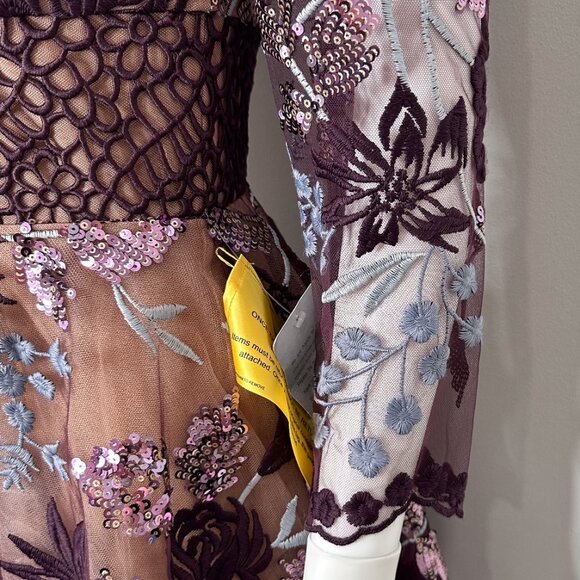 Bronx and Banco Purple Fiora Sequin Embroidered Mesh ¾ Sleeve Mini Dress Size 4 - Picture 10 of 17